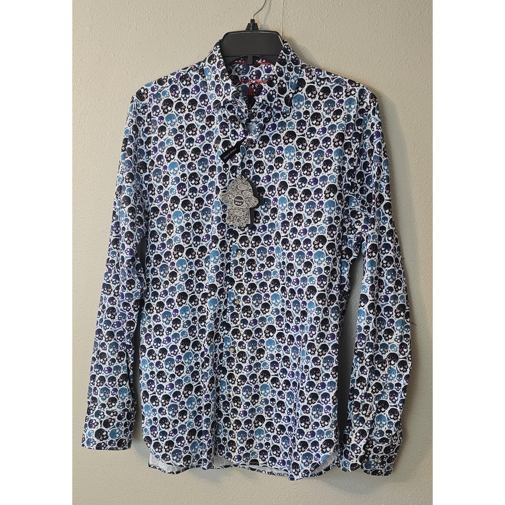 Luchiano Visconti Black Men's Button Up Shirt Skull Print Size Small NWT L041